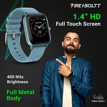 Fire-boltt SPO2 full touch 1.4 inch smart watch 400 nits peak brightness metal body 8 days battery life with 24*7 heart rate monitoring ipx7 with blood oxygen fitness sports & sleep tracking blue