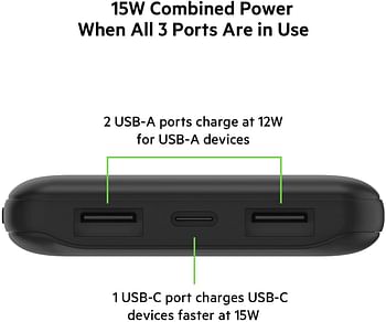 بطارية شحن USB C من بيلكن سعة 10000 ملي أمبير مع منفذ يو اس بي سي ومنفذي يو اس بي A لشحن ما يصل إلى 15 وات للايفون والأندرويد والاير بود والايباد والمزيد من أسود، BPB011btBK، بقوة 10 كيه