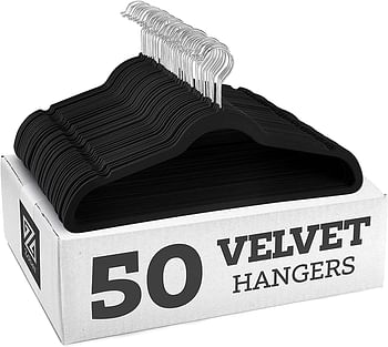 ZOBER Non-Slip Velvet Hangers - Suit Hangers (50-pack) Ultra Thin Space Saving 360 Degree Swivel Hook Strong and Durable Clothes Hangers Hold Up-To 10 Lbs, for Coats, Jackets, Pants, & Dress Clothes/50 Pack/Black