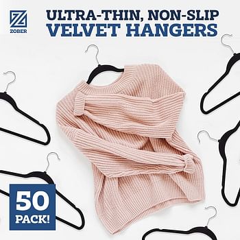 ZOBER Non-Slip Velvet Hangers - Suit Hangers (50-pack) Ultra Thin Space Saving 360 Degree Swivel Hook Strong and Durable Clothes Hangers Hold Up-To 10 Lbs, for Coats, Jackets, Pants, & Dress Clothes/50 Pack/Black