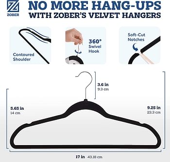 ZOBER Non-Slip Velvet Hangers - Suit Hangers (50-pack) Ultra Thin Space Saving 360 Degree Swivel Hook Strong and Durable Clothes Hangers Hold Up-To 10 Lbs, for Coats, Jackets, Pants, & Dress Clothes/50 Pack/Black