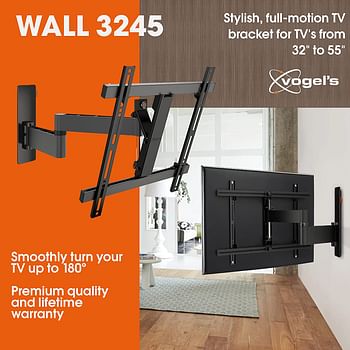 حامل تثبيت على الحائط من Vogel's WALL 3245 باللون الأسود من أجل أجهزة التلفزيون مقاس 32 - 55 بوصة، دوران وإمالة 180، بحد أقصى 20 كجم وحتى VESA 400 × 400