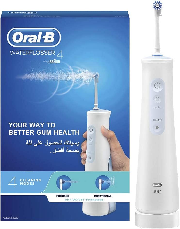 Oral-B Aquacare Water Flosser 4 Cordless Irrigator, Featuring Oxyjet Technology and 4 Cleaning Modes, with 3 pin plug/White/145 Milliliters