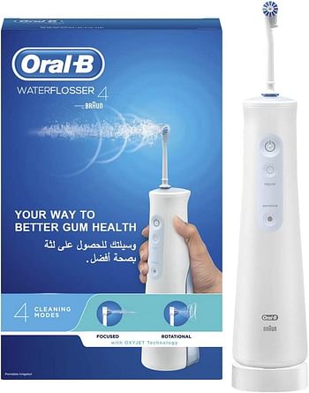 Oral-B Aquacare Water Flosser 4 Cordless Irrigator, Featuring Oxyjet Technology and 4 Cleaning Modes, with 3 pin plug/White/145 Milliliters