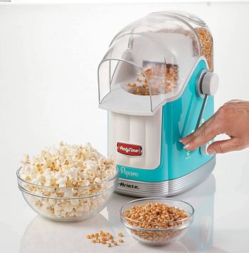 Ariete Vintage Electric Hot Air Pop Corn Maker with Dispensing Lever, 50g in 3min, Oil-Free Popcorn Popper Machine, 1100W, Perfect for Home, Movie Night and Snacks, 600g Corn Tank - Blue ART2958BL