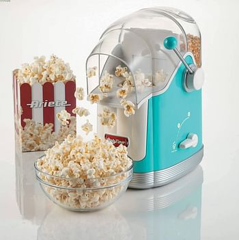 Ariete Vintage Electric Hot Air Pop Corn Maker with Dispensing Lever, 50g in 3min, Oil-Free Popcorn Popper Machine, 1100W, Perfect for Home, Movie Night and Snacks, 600g Corn Tank - Blue ART2958BL