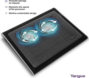 بساط تاركوس خفيف الوزن للحمل مع مروحة تهوية مزدوجة يمنع ارتفاع درجة الحرارة، منفذ USB LED، وسادة تبريد للكمبيوتر المحمول، أسود/رمادي (AWE55US) أسود مع رمادي