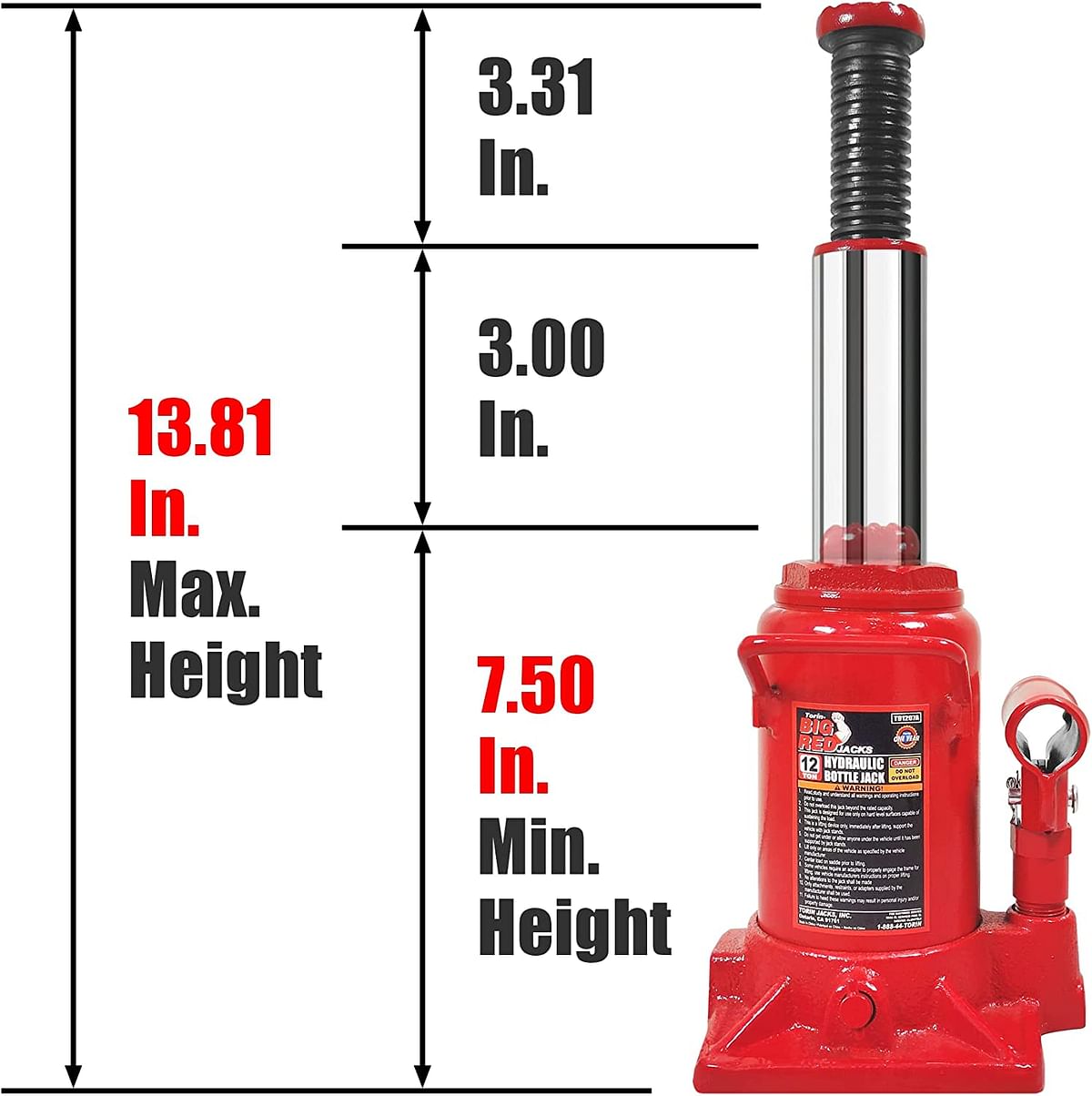 BIG RED T91207A Torin Hydraulic Stubby Low Profile Welded Bottle Jack, 12 Ton (24,000 lb) Capacity, Red/12 Ton (24,000 lb)/Red