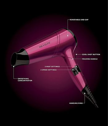 GHD Revlon RVDR5229 Hair Dryer, Frizz Fighter, 2200 Watts, 2 speed and 3 heat setting, folding handle. Cool shot button Pink