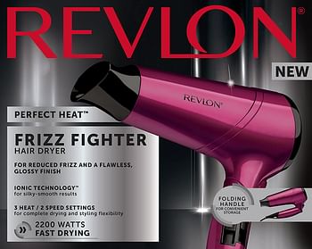 مجفف الشعر RVDR5229 ريفلون من جي اتش دي، مقاتل خشونة الشعر 2200 وات، سرعتان و3 إعدادات للحرارة ومقبض قابل للطي. زر الهواء البارد. وردي