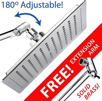 AquaSpa Giant 9-inch Diagonal Square Rain Shower Head PLUS 11-inch Solid Brass Angle Adjustable Extension Arm. 121 Jets with Rub-Clean Nozzles. Front and Back All-Chrome Finish. Sleek Square Design/Square/Chrome