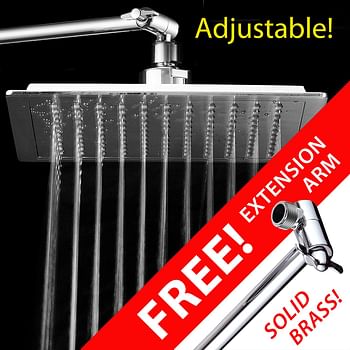 AquaSpa Giant 9-inch Diagonal Square Rain Shower Head PLUS 11-inch Solid Brass Angle Adjustable Extension Arm. 121 Jets with Rub-Clean Nozzles. Front and Back All-Chrome Finish. Sleek Square Design/Square/Chrome