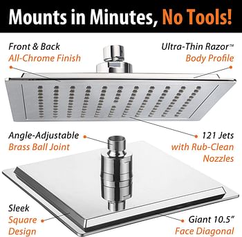 AquaSpa Giant 9-inch Diagonal Square Rain Shower Head PLUS 11-inch Solid Brass Angle Adjustable Extension Arm. 121 Jets with Rub-Clean Nozzles. Front and Back All-Chrome Finish. Sleek Square Design/Square/Chrome