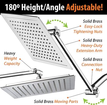 AquaSpa Giant 9-inch Diagonal Square Rain Shower Head PLUS 11-inch Solid Brass Angle Adjustable Extension Arm. 121 Jets with Rub-Clean Nozzles. Front and Back All-Chrome Finish. Sleek Square Design/Square/Chrome