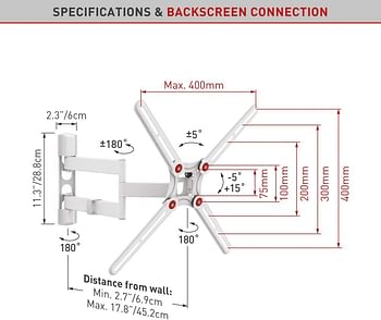 Barkan White TV Wall Mount,13 - 65 inch Full Motion Articulating - 4 Movement Flat / Curved Screen Bracket, Holds up to 88 lbs, Patented, UL Listed, Fits LED OLED LCD/Normal/White