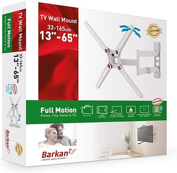 Barkan White TV Wall Mount,13 - 65 inch Full Motion Articulating - 4 Movement Flat / Curved Screen Bracket, Holds up to 88 lbs, Patented, UL Listed, Fits LED OLED LCD/Normal/White