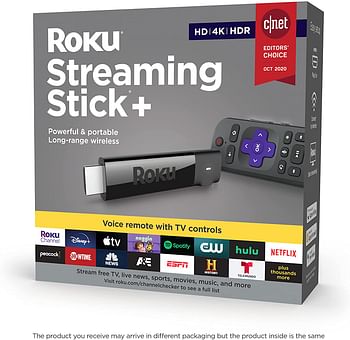 Roku Streaming Stick plus 4K HDR HD streaming player with 4x the wireless range & voice remote with TV power and volume, 3810R