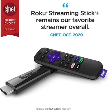 Roku Streaming Stick plus 4K HDR HD streaming player with 4x the wireless range & voice remote with TV power and volume, 3810R