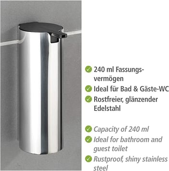 Soap dispenser, Adhesive hold, Stainless steel, 6 x 16.5 x 8 cm, Silver