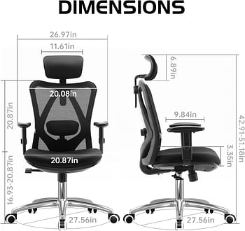 SIHOO Office Chair Ergonomic Office Chair, Breathable Mesh Design High Back Desk Chair with Adjustable Headrest and Lumbar Support (Black) 70D x 70W x 107H centimeters