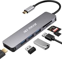 محول منفذ USB C متعدد المنافذ - دونجل محمول من الألومنيوم بمساحة 6 في 1 مع مخرج 4K HDMI، 3 منافذ USB 3.0، قارئ بطاقة SD/مايكرو SD متوافق مع MacBook Pro وXPS More Type C