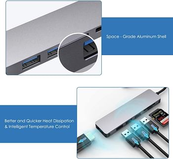 USB C Hub Multiport Adapter - 6 in 1 Portable Space Aluminum Dongle with 4K HDMI Output, 3 USB 3.0 Ports, SD/Micro SD Card Reader Compatible for MacBook Pro, XPS More Type C Grey