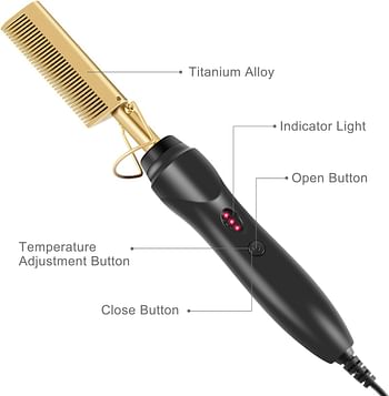 Hot Comb Hair Straightener, Electric Heating Comb, Portable Travel Anti-Scald Beard Straightener Press Comb, Ceramic Comb Security Portable Curling Iron Heated Brush, Black