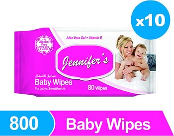 Jennifer's Jennifer's Baby Wipes 80s Pack of 10-800 Wipes, Pack of 10/Multicolor