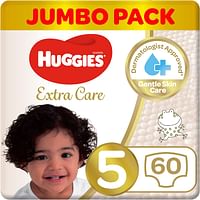 Huggies Extra Care Size 5, Jumbo Pack, (12-22 kg) 60 Diapers/Multi color/Size 5