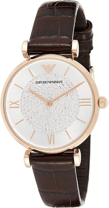 Emporio Armani Women's Silver Dial Leather Analog Watch - AR11269, Rose Gold & Brown