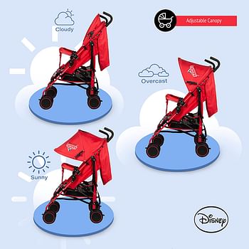 Disney Cars Lightning Mcqueen Lightweight Adventure Stroller + Storage Cabin 0 36 Months, Compact Design, Shoulder Strap, Adjustable Reclining Seat And More., Red