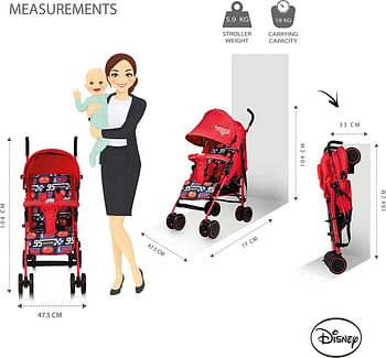 Disney Cars Lightning Mcqueen Lightweight Adventure Stroller + Storage Cabin 0 36 Months, Compact Design, Shoulder Strap, Adjustable Reclining Seat And More., Red
