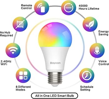 LED Smart Bulb, Baytion 10W Smart WiFi Light Bulb 2-Pack Work with Alexa,Echo,Google Home and Siri, No Hub Required,E27 Multi Colors