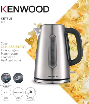 KENWOOD Stainless Steel Kettle 1.7L Cordless Electric Kettle 3000W with Auto Shut-Off & Removable Mesh Filter ZJM11.000SS Silver/Black