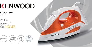 KENWOOD Steam Iron 2100W with Ceramic Soleplate, Anti-Drip, Self Clean, Continuous Steam, Steam Burst, Spray Function STP50.000WO White,Orange