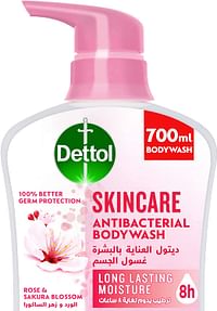 Dettol Skincare Showergel & Bodywash Liquid For Effective Germ Protection & Personal Hygiene (Protects Against 100 Illness Causing Germs), Rose & Sakura Blossom Fragrance 700Ml/white