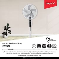 Impex PF 7502 60W 1350RPM 3 Blade High Speed Pedestal Fan with 5 AS Blade 3 Speed Selection Adjustable Height,Black/Black/15D x 20.1W x 17.7H centimeters