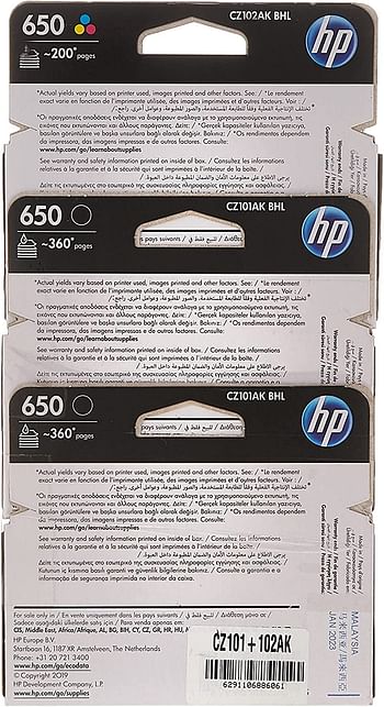 Hp 650 2 Black + 1 Color Original Ink Cartridge Cz101+102Ak