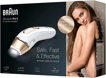 Braun IPL Silk Expert Pro 5 PL5014 Generation IPL, Permanent Visible Hair Removal for Women and Men with Premium Pouch and Venus Razor, White and Gold