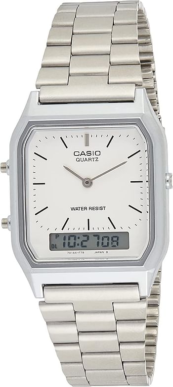 Casio Unisex-Adult Quartz Watch, Analog-Digital Display and Stainless Steel Strap Grey-White 28mm