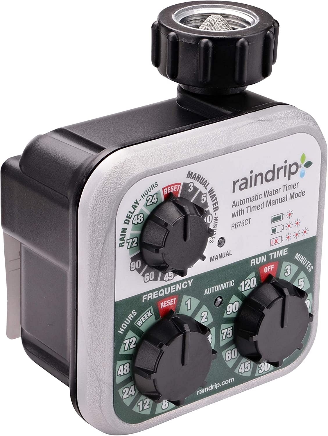 Raindrip R675CT Analog 3-Dial Water, Sprinkler Timer with Rain Delay for Drip Irrigation, Garden, Self-Watering