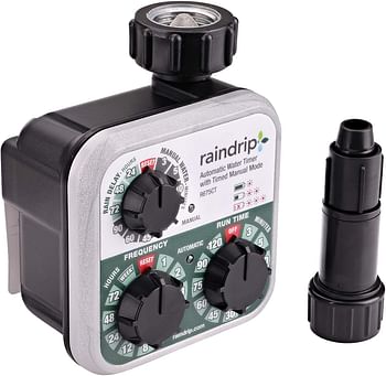 Raindrip R675CT Analog 3-Dial Water, Sprinkler Timer with Rain Delay for Drip Irrigation, Garden, Self-Watering