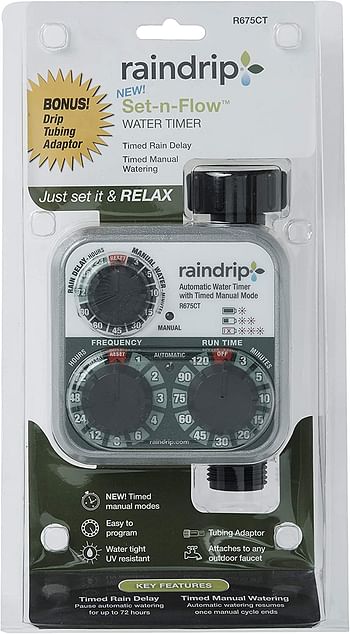 Raindrip R675CT Analog 3-Dial Water, Sprinkler Timer with Rain Delay for Drip Irrigation, Garden, Self-Watering