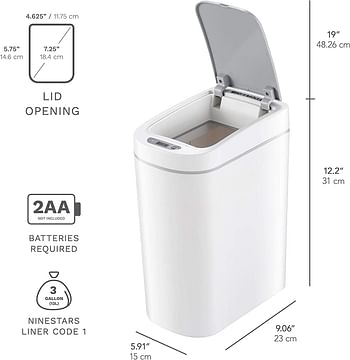 NINESTARS AMZ-7-2 Bathroom Automatic Infrared Motion Sensor Trash Can, 1.8 Gal 7L, ABS Plastic Trashcan (Slim, White)