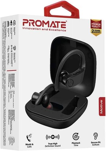 Promate True Wireless Stereo Sport Earbuds, Premium Bluetooth v5.0 TWS Secure Fit Earphones with 400mAh Charging Case, 20H Playback Time, On-Ear Control and Built-In Mic, Motive (Black)