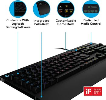 Logitech G213 Prodigy Gaming Keyboard, LIGHTSYNC RGB Backlit Keys, Spill-Resistant, Customizable Keys, Dedicated Multi-Media Keys, QWERTY UK Layout - Black