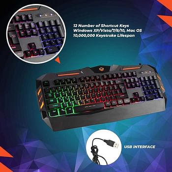 MEETION 4in1 Colorful Backlit English/Arabic Wired Keyboard, Wired Mouse, Headphone & Mouse Pad PC Gaming Kit, C500, MTC500, 4 Bundle Set Black and orange