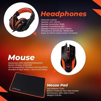 MEETION 4in1 Colorful Backlit English/Arabic Wired Keyboard, Wired Mouse, Headphone & Mouse Pad PC Gaming Kit, C500, MTC500, 4 Bundle Set Black and orange