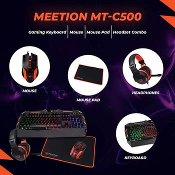 MEETION 4in1 Colorful Backlit English/Arabic Wired Keyboard, Wired Mouse, Headphone & Mouse Pad PC Gaming Kit, C500, MTC500, 4 Bundle Set Black and orange