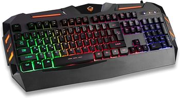 MEETION 4in1 Colorful Backlit English/Arabic Wired Keyboard, Wired Mouse, Headphone & Mouse Pad PC Gaming Kit, C500, MTC500, 4 Bundle Set Black and orange